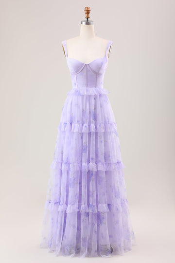 Lavendel En linje Korsett Spaghetti stropper Floral lagdelt Long brudepike kjole